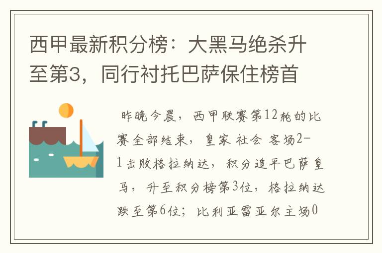西甲最新积分榜:大黑马绝杀升至第3,同行衬托巴萨保住榜首