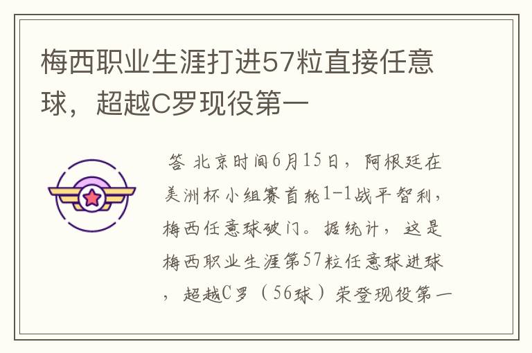 梅西职业生涯打进57粒直接任意球,超越C罗现役第一
