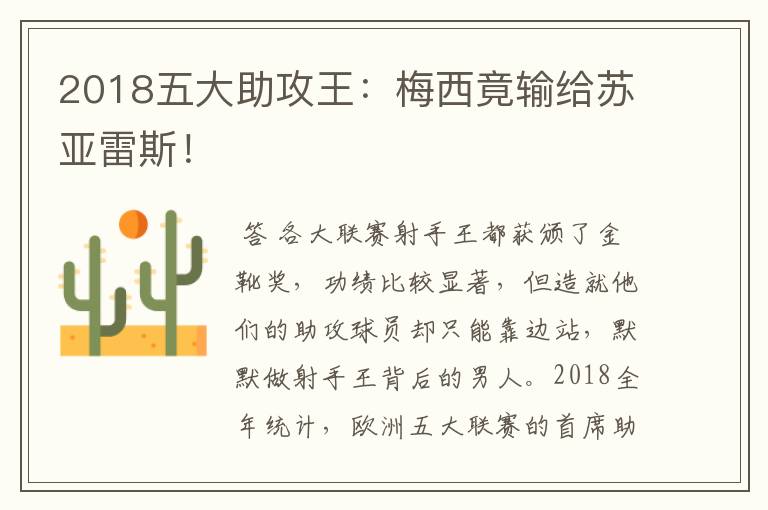 2018五大助攻王:梅西竟输给苏亚雷斯!