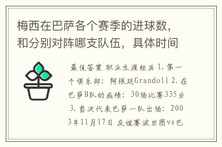 梅西在巴萨各个赛季的进球数,和分别对阵哪支队伍,具体时间,以及助攻数,反正越详细越好,非常感谢!