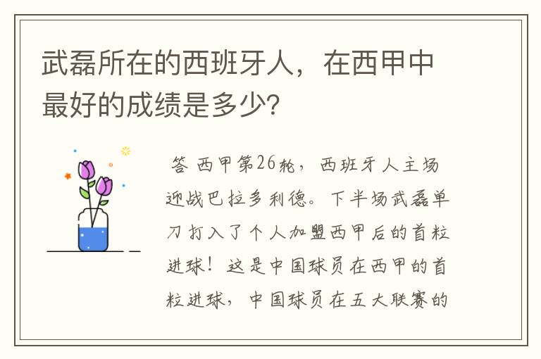 武磊所在的西班牙人,在西甲中最好的成绩是多少?