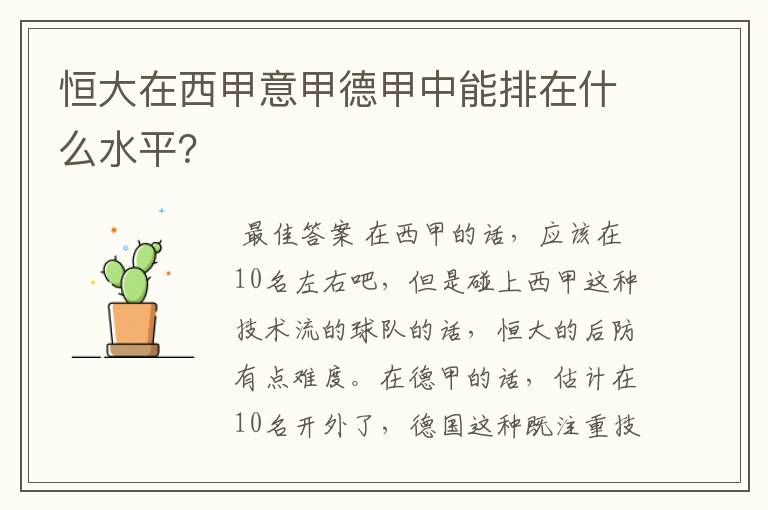 恒大在西甲意甲德甲中能排在什么水平?