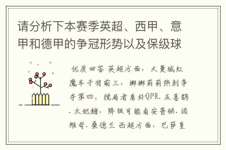 请分析下本赛季英超、西甲、意甲和德甲的争冠形势以及保级球队与搅局球队,形式往大了说,说说看?