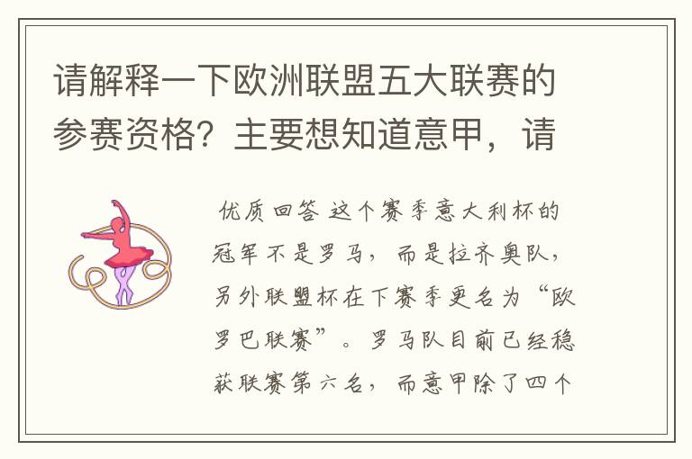 请解释一下欧洲联盟五大联赛的参赛资格?主要想知道意甲,请看问题补说明。