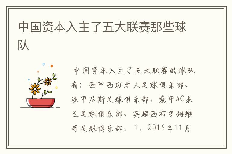 中国资本入主了五大联赛那些球队