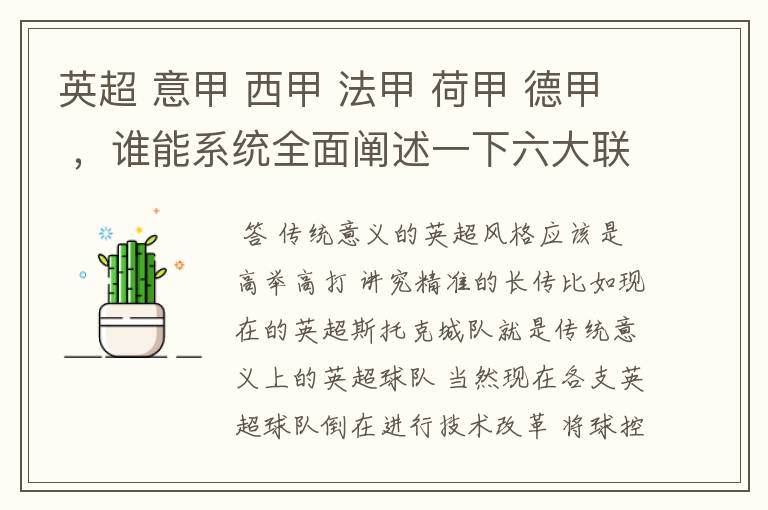 英超 意甲 西甲 法甲 荷甲 德甲 ,谁能系统全面阐述一下六大联赛风格的优缺点 ,