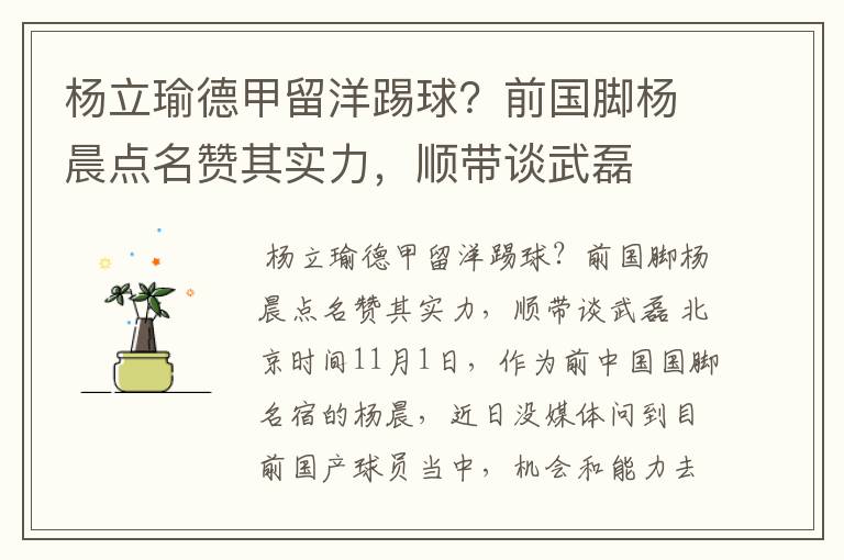 杨立瑜德甲留洋踢球?前国脚杨晨点名赞其实力,顺带谈武磊