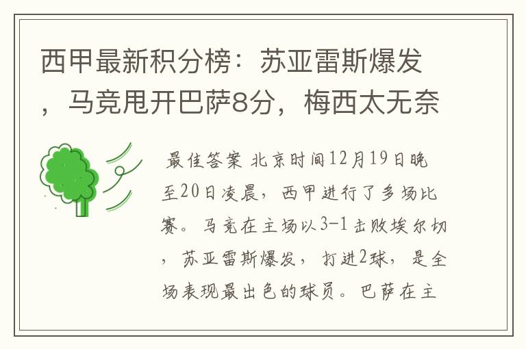 西甲最新积分榜:苏亚雷斯爆发,马竞甩开巴萨8分,梅西太无奈