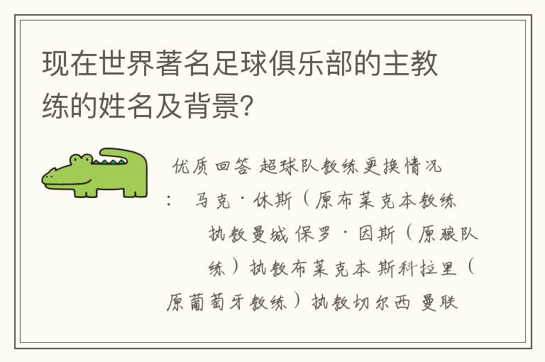 现在世界著名足球俱乐部的主教练的姓名及背景?