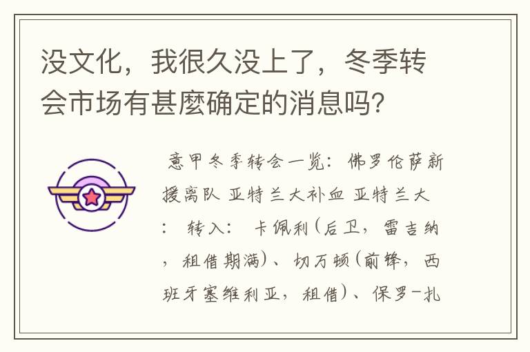 没文化,我很久没上了,冬季转会市场有甚麼确定的消息吗?