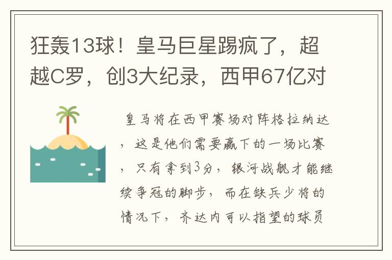 狂轰13球!皇马巨星踢疯了,超越C罗,创3大纪录,西甲67亿对决