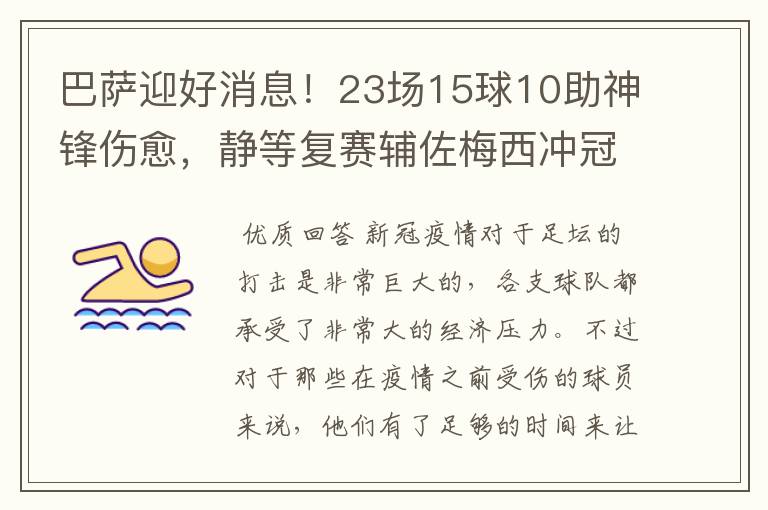 巴萨迎好消息！23场15球10助神锋伤愈，静等复赛辅佐梅西冲冠！