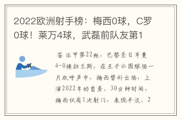 2022欧洲射手榜:梅西0球,C罗0球!莱万4球,武磊前队友第1