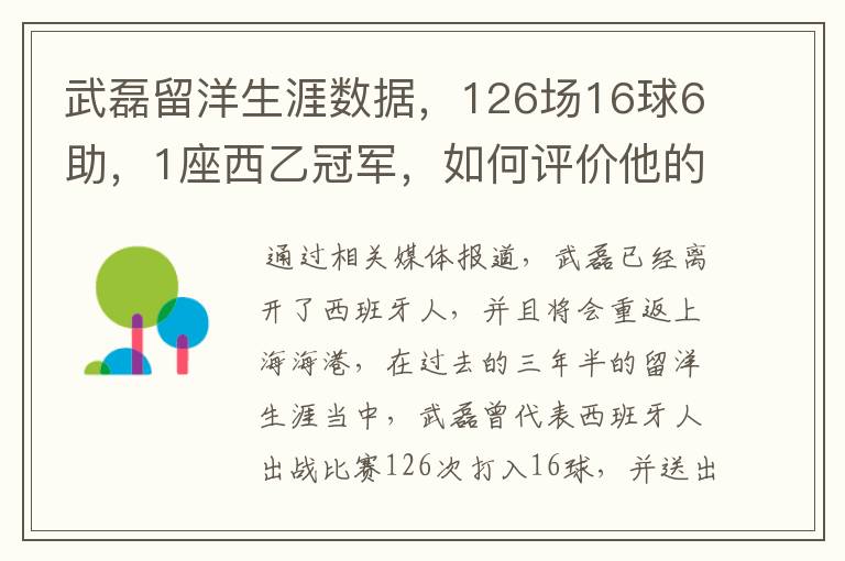 武磊留洋生涯数据,126场16球6助,1座西乙冠军,如何评价他的表现?