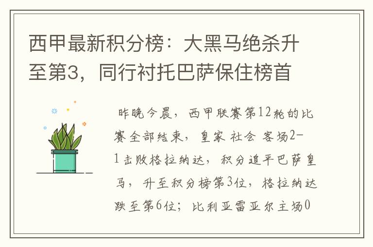 西甲最新积分榜:大黑马绝杀升至第3,同行衬托巴萨保住榜首