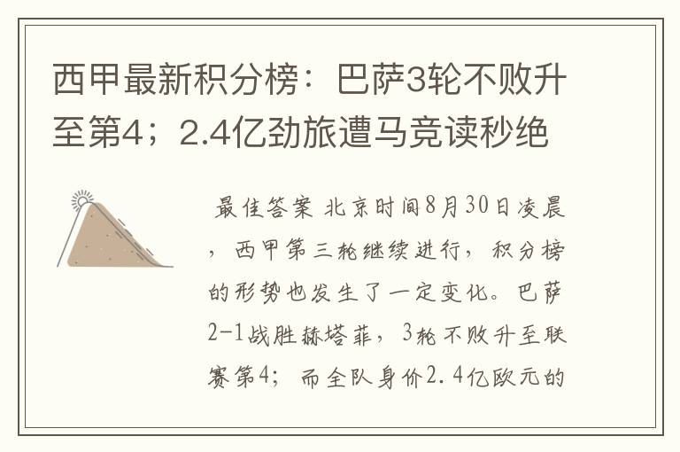 西甲最新积分榜:巴萨3轮不败升至第4;2.4亿劲旅遭马竞读秒绝平