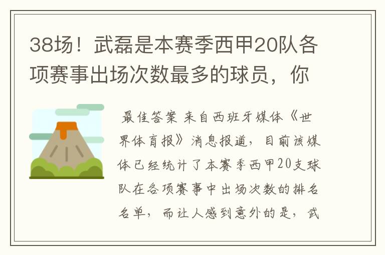 38场!武磊是本赛季西甲20队各项赛事出场次数最多的球员,你怎么看?