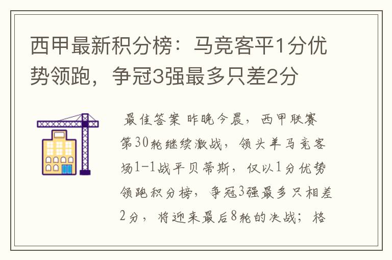 西甲最新积分榜:马竞客平1分优势领跑,争冠3强最多只差2分