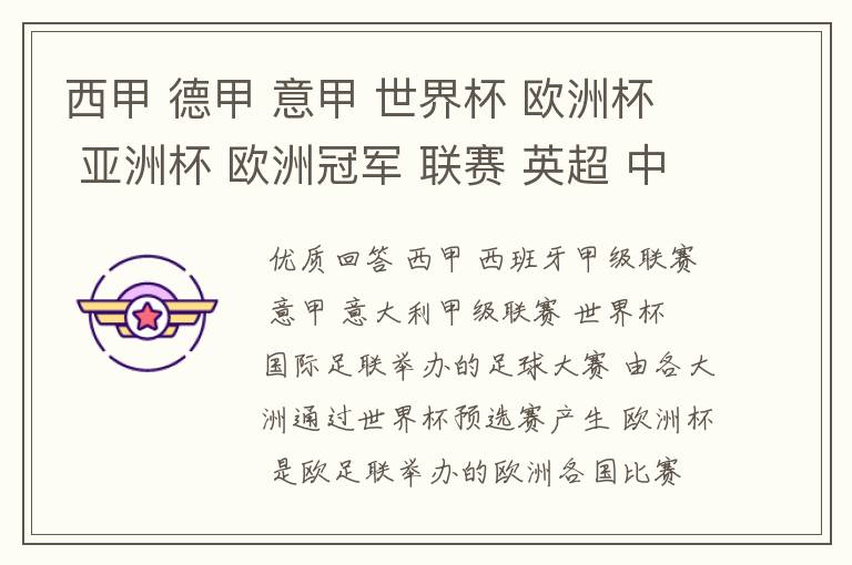 西甲 德甲 意甲 世界杯 欧洲杯 亚洲杯 欧洲冠军 联赛 英超 中超 分别是什么意思啊?
