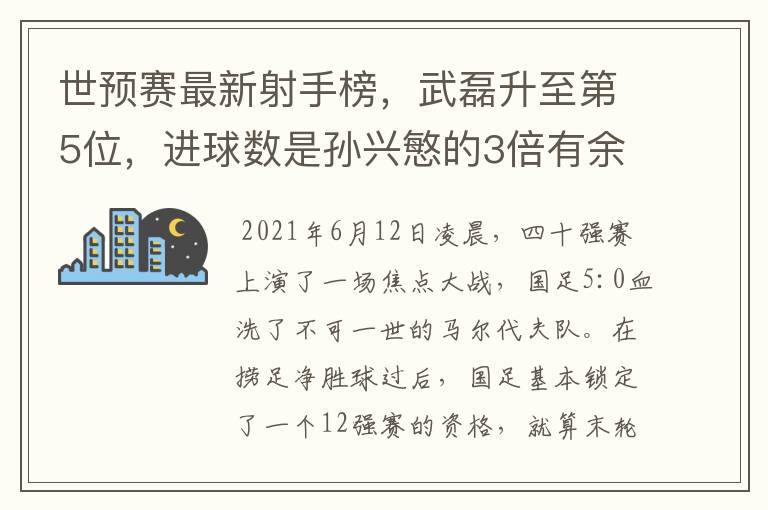 世预赛最新射手榜,武磊升至第5位,进球数是孙兴慜的3倍有余