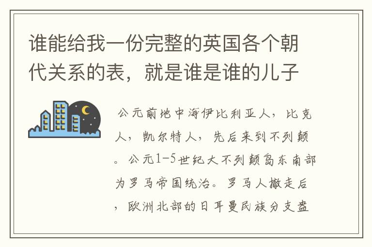 谁能给我一份完整的英国各个朝代关系的表,就是谁是谁的儿子,谁是谁的外甥,