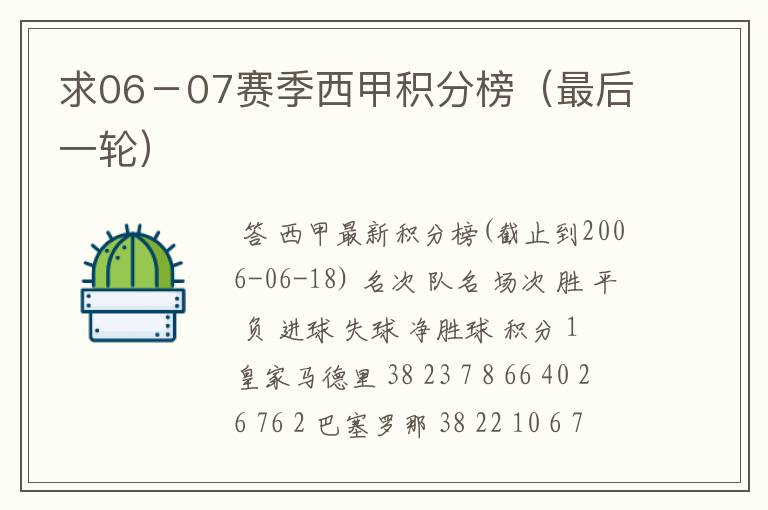 求06-07赛季西甲积分榜(最后一轮)