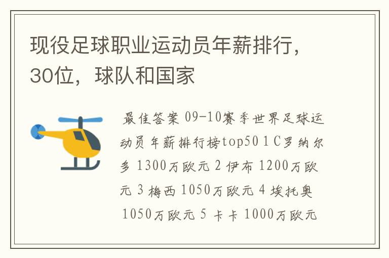 现役足球职业运动员年薪排行,30位,球队和国家