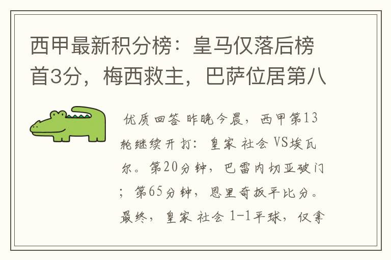 西甲最新积分榜:皇马仅落后榜首3分,梅西救主,巴萨位居第八