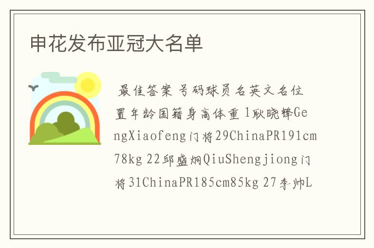 申花发布亚冠大名单