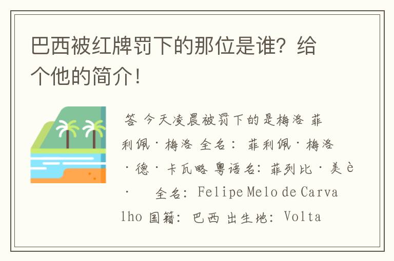 巴西被红牌罚下的那位是谁?给个他的简介!