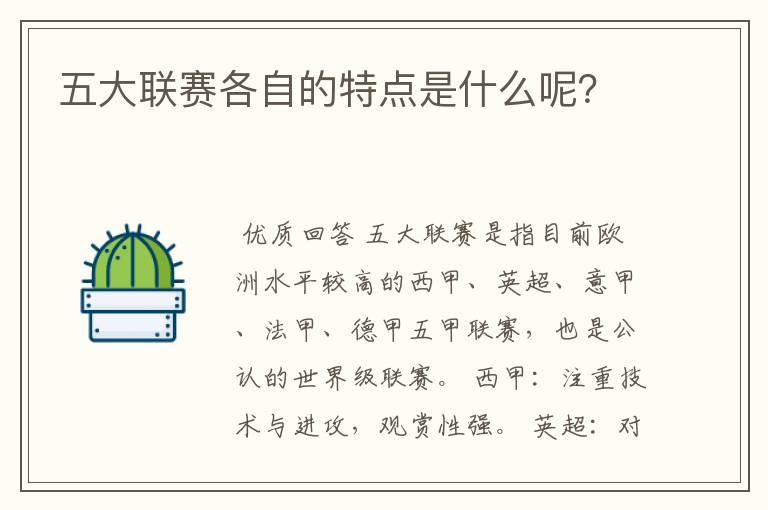 五大联赛各自的特点是什么呢?