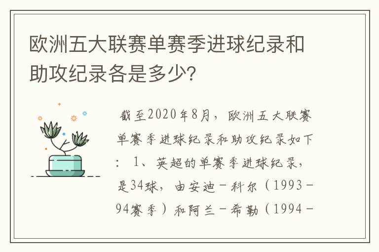 欧洲五大联赛单赛季进球纪录和助攻纪录各是多少?