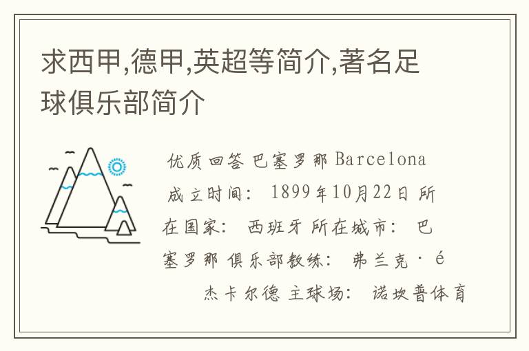 求西甲,德甲,英超等简介,著名足球俱乐部简介