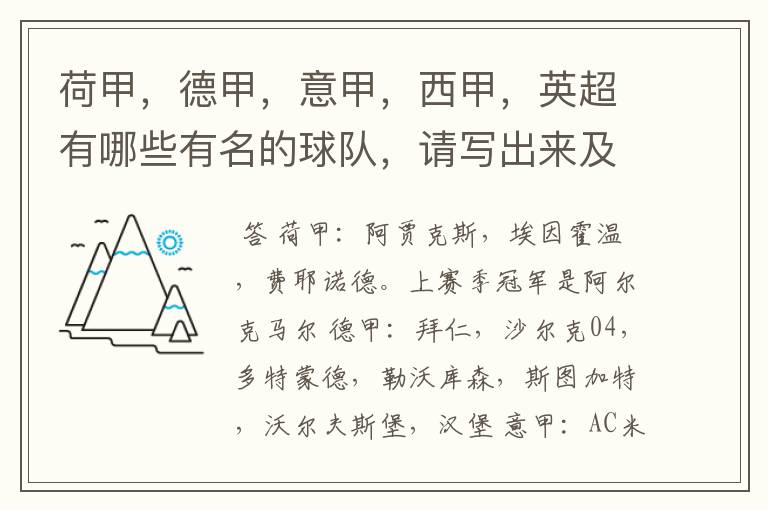 荷甲,德甲,意甲,西甲,英超有哪些有名的球队,请写出来及他们的英文名?