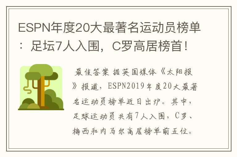 ESPN年度20大最著名运动员榜单:足坛7人入围,C罗高居榜首!