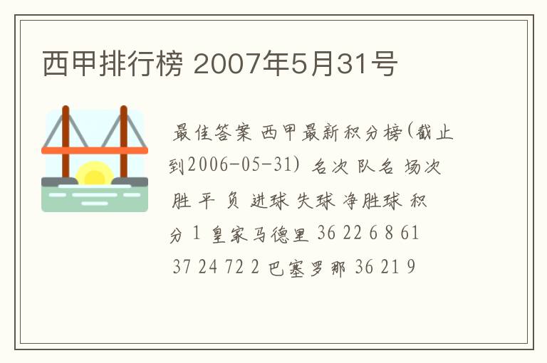 西甲排行榜 2007年5月31号