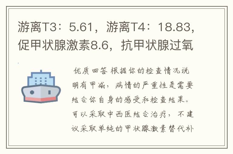 游离T3:5.61,游离T4:18.83,促甲状腺激素8.6,抗甲状腺过氧化物酶抗体77.87,希望专家给分析一下,患者25