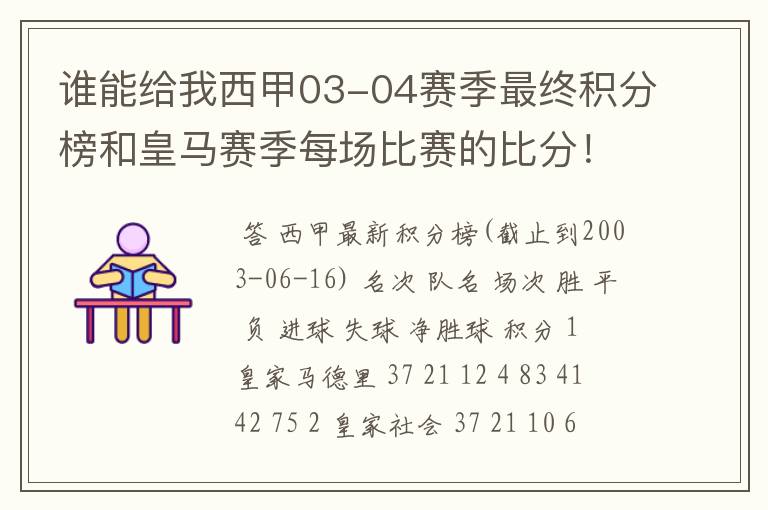谁能给我西甲03-04赛季最终积分榜和皇马赛季每场比赛的比分!