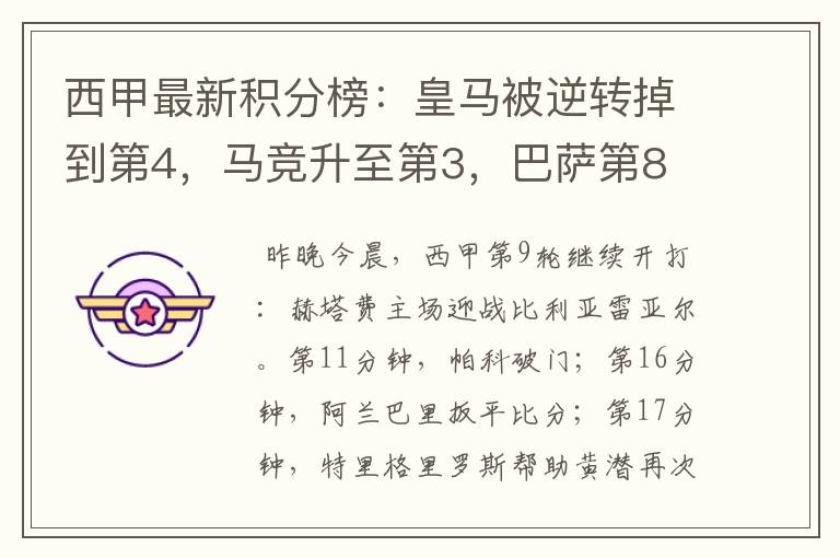 西甲最新积分榜:皇马被逆转掉到第4,马竞升至第3,巴萨第8