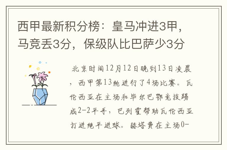 西甲最新积分榜:皇马冲进3甲,马竞丢3分,保级队比巴萨少3分