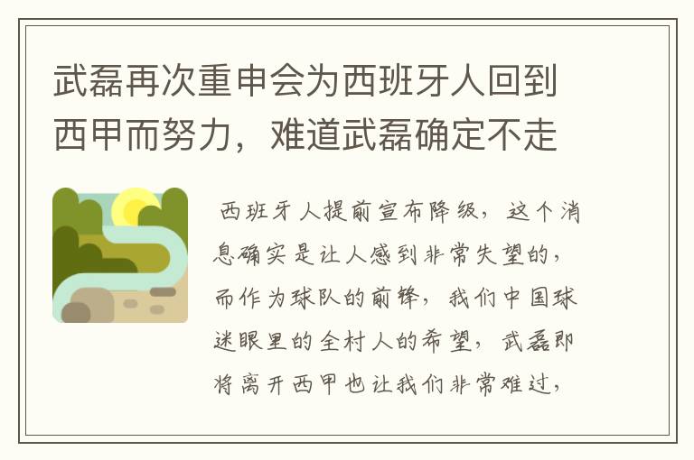 武磊再次重申会为西班牙人回到西甲而努力,难道武磊确定不走了?