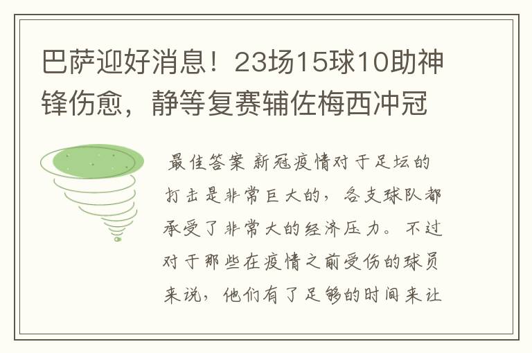 巴萨迎好消息！23场15球10助神锋伤愈，静等复赛辅佐梅西冲冠！