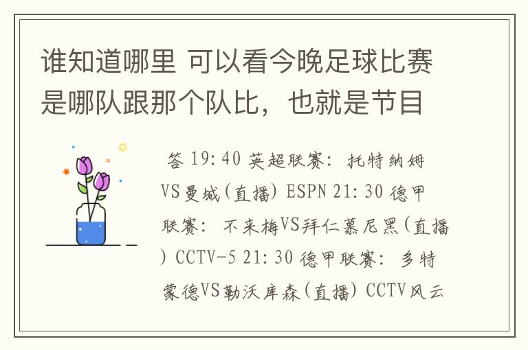 谁知道哪里 可以看今晚足球比赛是哪队跟那个队比,也就是节目表吧。