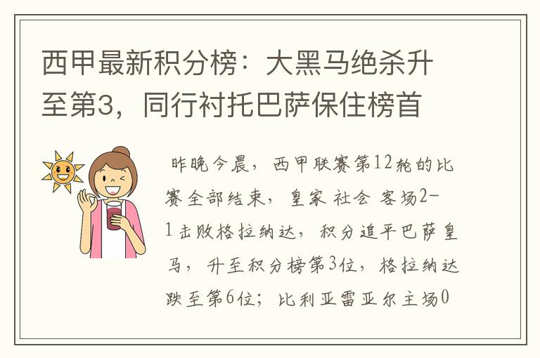 西甲最新积分榜:大黑马绝杀升至第3,同行衬托巴萨保住榜首