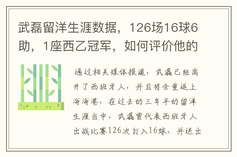 武磊留洋生涯数据,126场16球6助,1座西乙冠军,如何评价他的表现?
