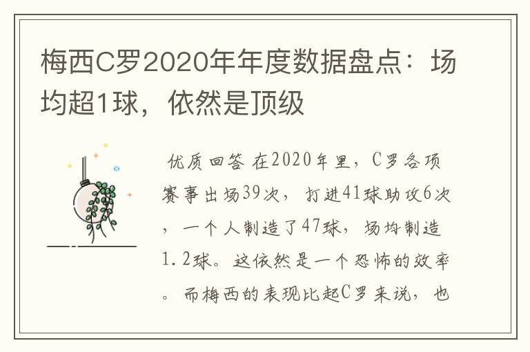 梅西C罗2020年年度数据盘点:场均超1球,依然是顶级