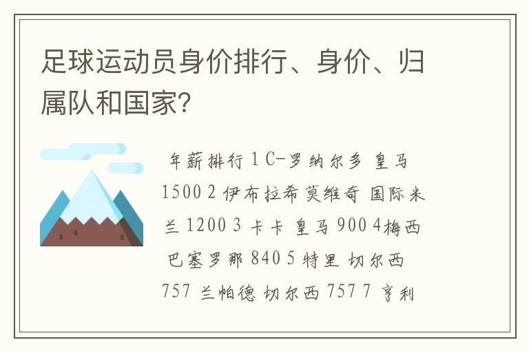 足球运动员身价排行、身价、归属队和国家?