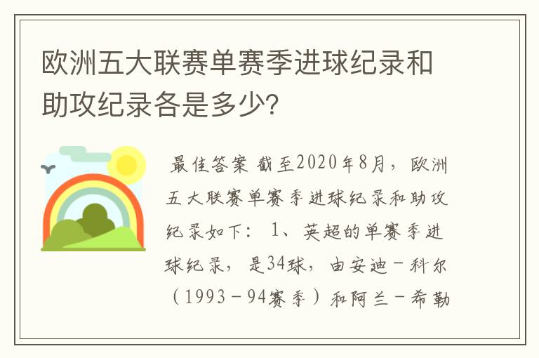 欧洲五大联赛单赛季进球纪录和助攻纪录各是多少?