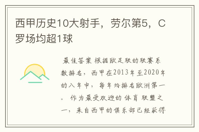 西甲历史10大射手,劳尔第5,C罗场均超1球