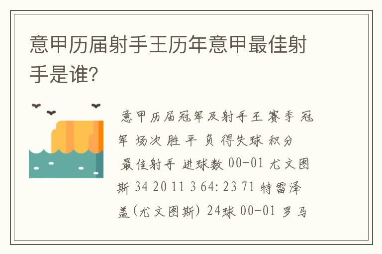 意甲历届射手王历年意甲最佳射手是谁?